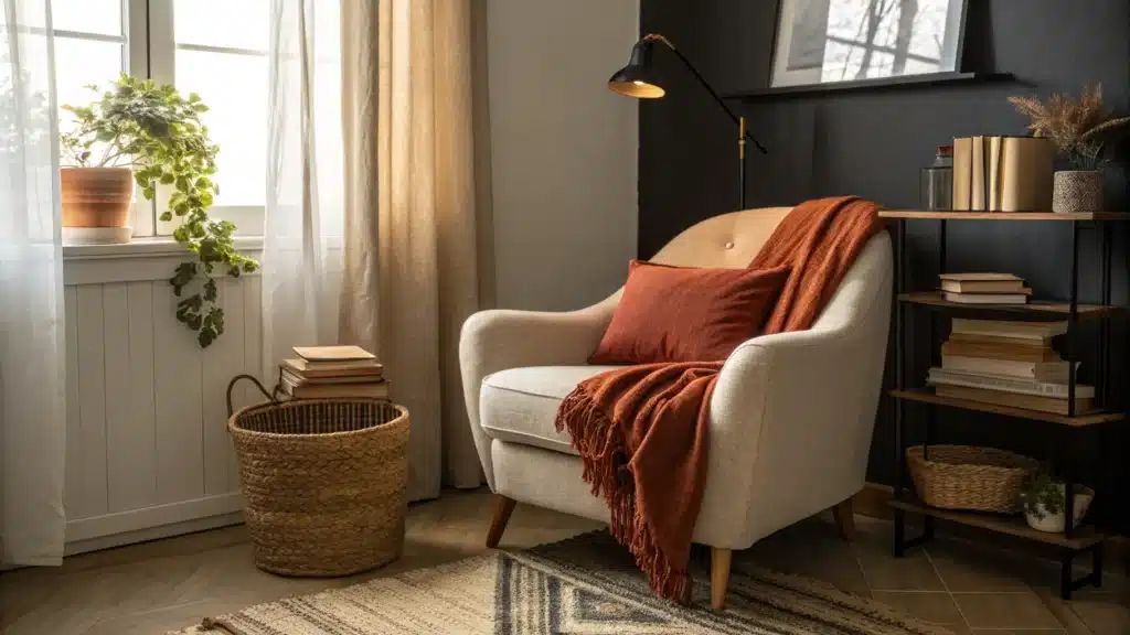 Cozy small-apartment reading nook with an oatmeal boucle armchair, rust throw, books on a floating shelf with pothos plant, warm wall sconce light, and woven basket in soft golden sunlight.