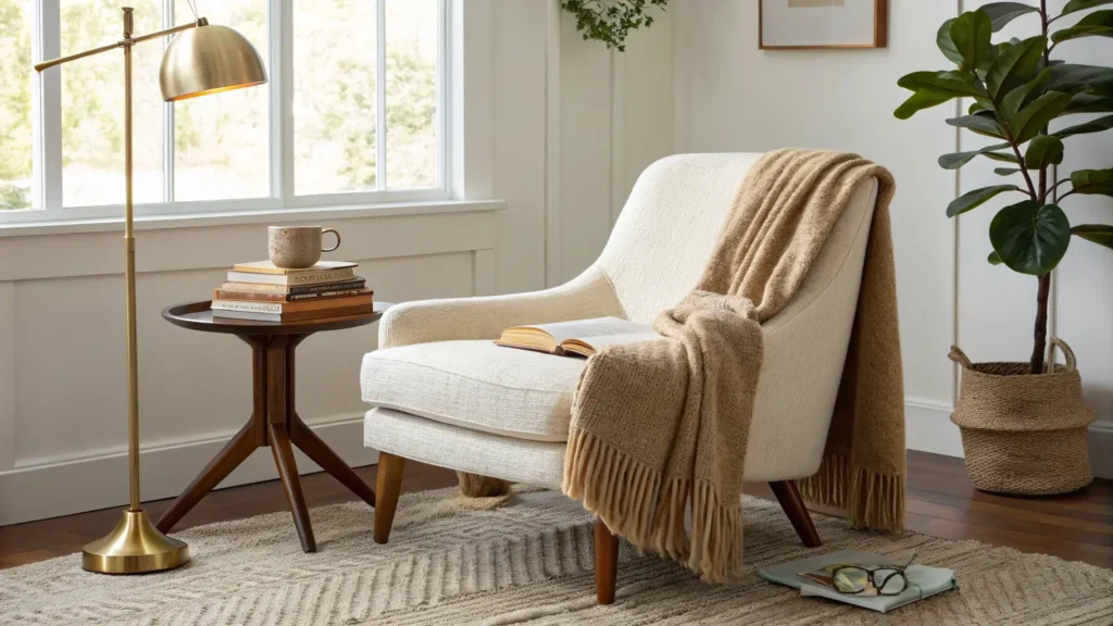 Cozy reading nook with cream bouclé chair, camel throw, walnut side table with books and mug, brass lamp, jute rug, and potted plant by a sunlit window.