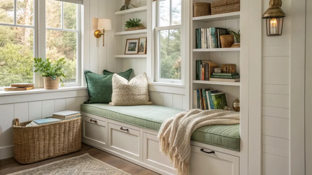 Cozy built-in reading nook with oatmeal boucle bench, sage and cream pillows, knit throw, white bookshelves, brass wall sconce, and seagrass basket in warm golden light