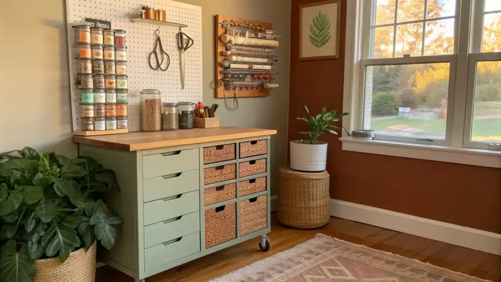 Sunlit craft room nook with hollow-door worktable, sage and terracotta decor, pegboard tools, labeled jars, rolling thread cart, jute rug, trailing plant, and warm golden-hour light.