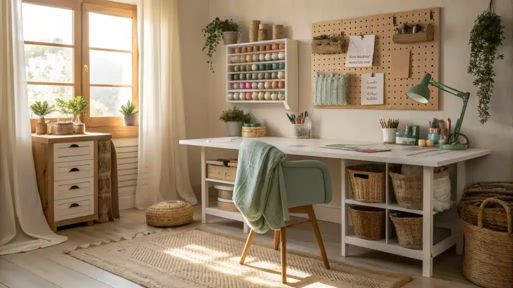 Sunlit cozy craft room with whitewashed worktable, pegboard of tools, labeled jars, woven baskets, sage chair, jute rug, fairy lights, and eucalyptus by the window.