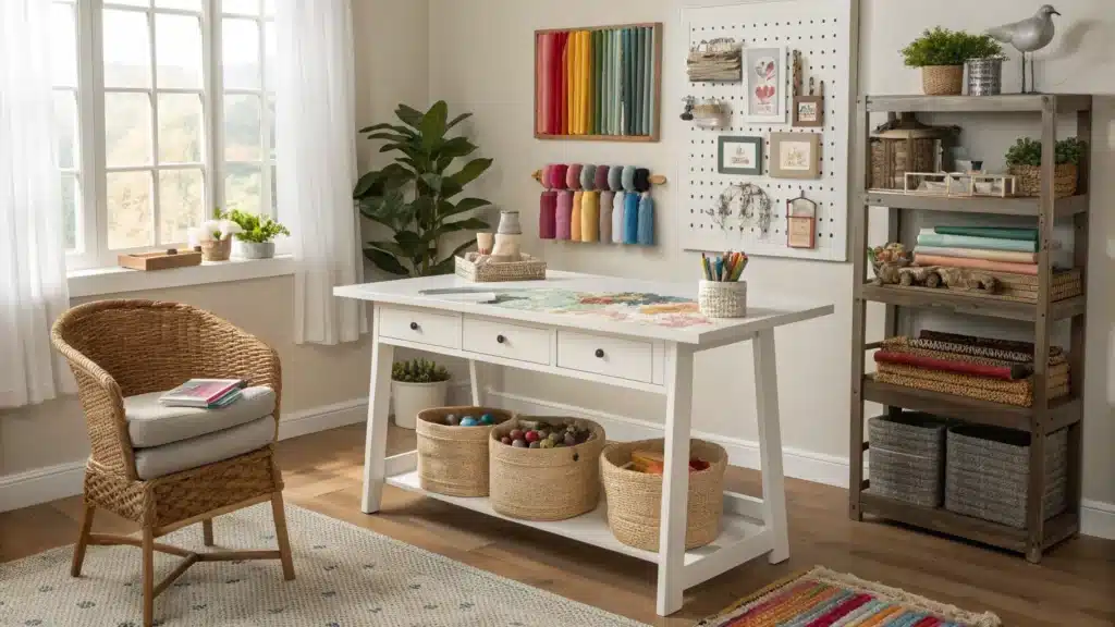 Cozy craft room worktable with ribbon spools, rainbow embroidery threads, pegboard tools, and shelves of jars in soft morning light.