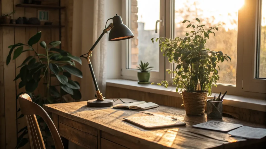 Cozy home office desk with a lamp and plant on woodgrain surface in warm morning light.