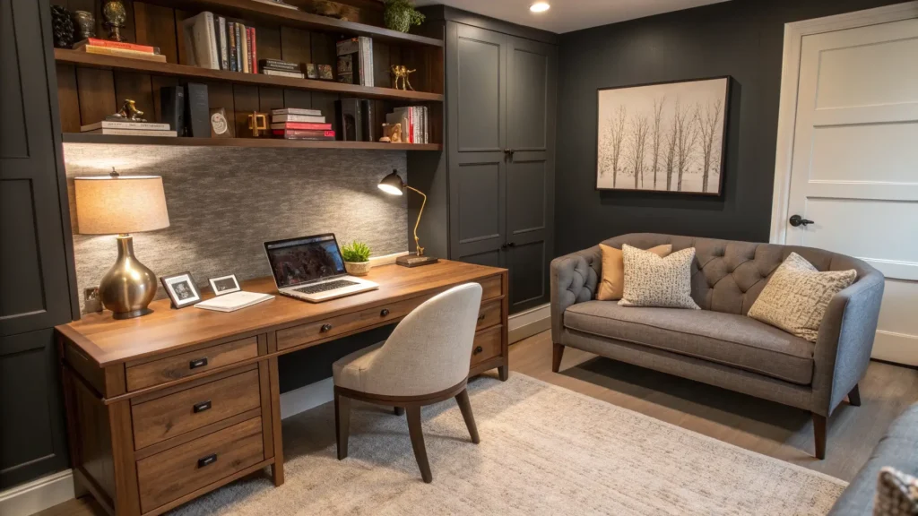 Cozy modern home office and TV lounge combo with a walnut desk, charcoal accent wall, and bouclé loveseat.