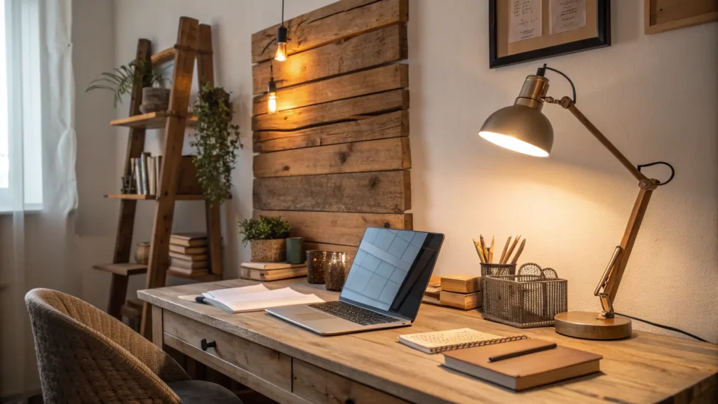Cozy hygge home office desk with warm lamplight and wood textures on a clean background