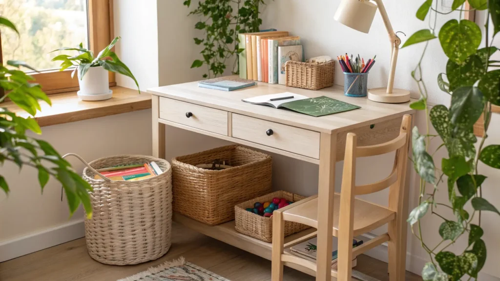 Cozy kids’ study corner with birch desk, woven storage bins, pothos plant, and warm lighting.
