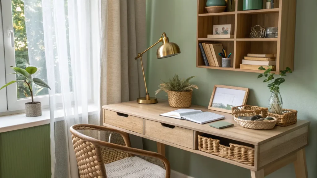 Cozy minimalist study nook with floating oak desk by a window, brass lamp, snake plant, shelves, cream chair, and sage-green accent wall.