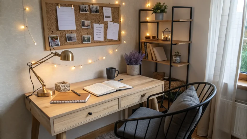 Cozy minimalist study nook with oak desk, brass lamp, notebook and mug, pothos plant, floating shelves with books and corkboard, warm string lights, jute rug, and lavender cushion in golden-hour light