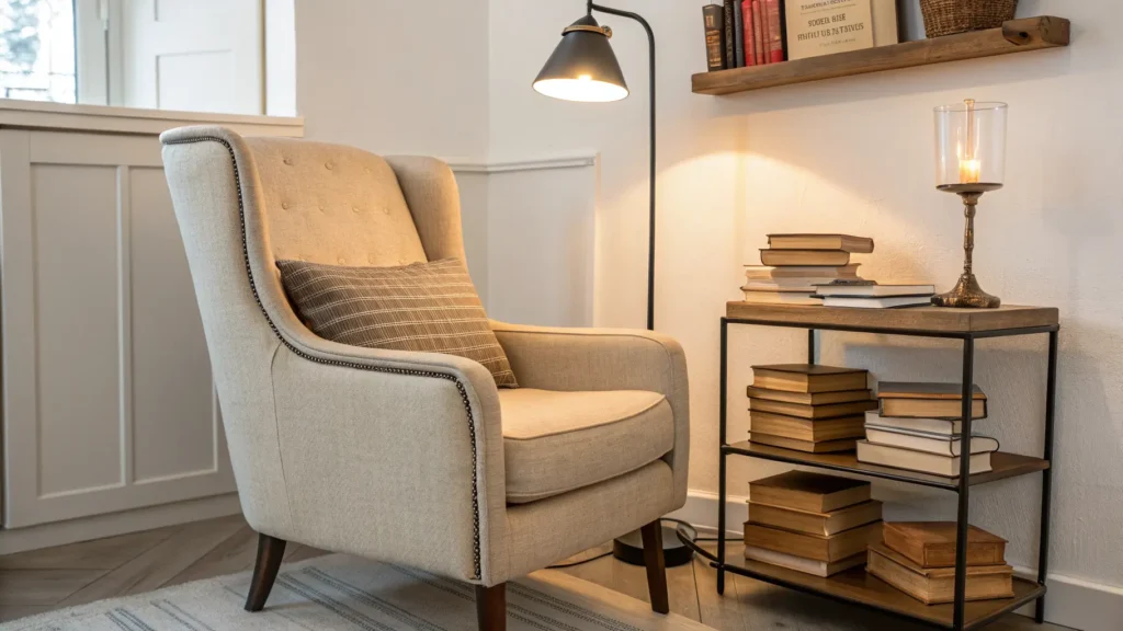 Cozy office reading nook with a linen armchair, warm lamp, and books on a clean background