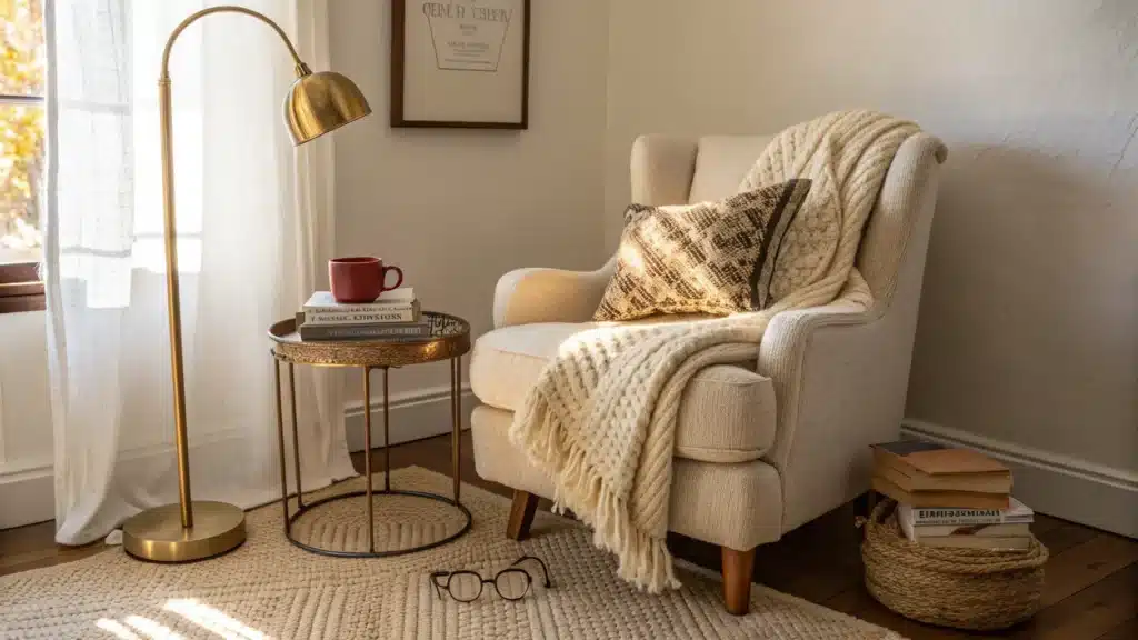 Cozy sunlit reading nook with a cream bouclé armchair, knit throw and pillows, brass arc floor lamp, walnut side table with mug, glasses, and books on a jute rug.