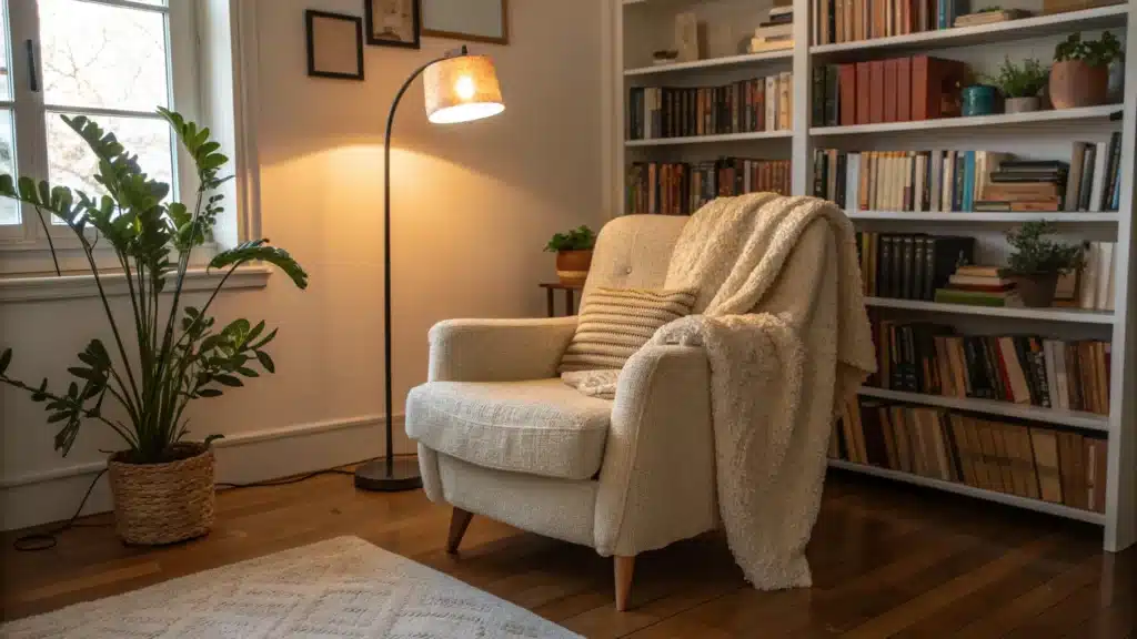 Cozy reading nook with a bouclé armchair, warm lamp light, and books in a corner.
