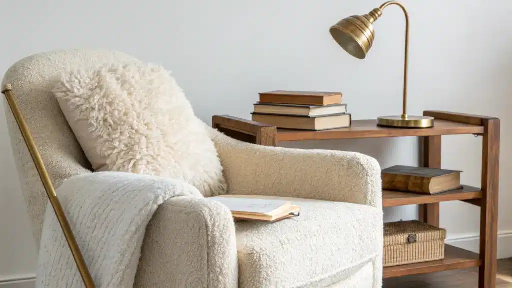 Cozy reading nook with a bouclé armchair, brass lamp, and oak shelf on a clean background