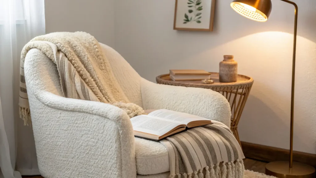Cozy bedroom reading nook with a boucle chair, warm lamp, and linen throw on a clean background