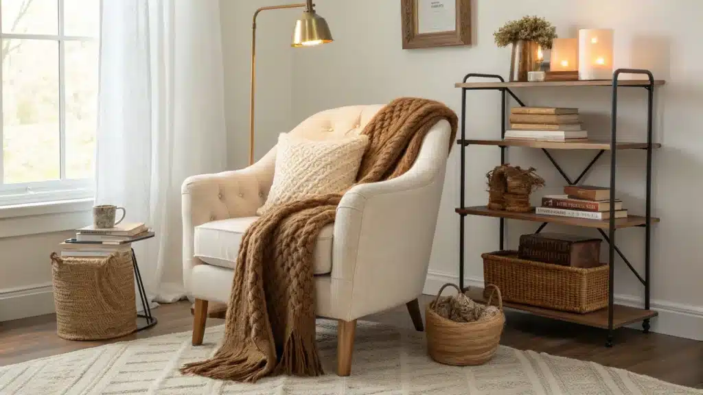 Photorealistic cozy reading nook with cream slipper chair, camel knit throw, brass floor lamp, books on a floating shelf, jute rug, woven basket, and steaming mug on a side table.