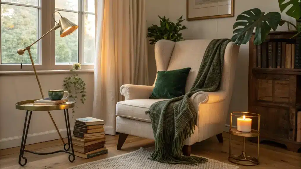 Cozy reading nook with a linen wingback chair, brass lamp, books and candle on a side table, camel wool rug, fiddle-leaf fig, and sheer curtains in golden-hour light.