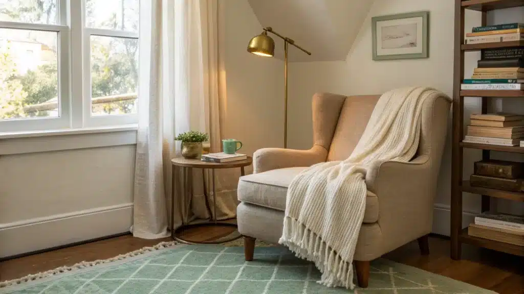 Cozy sunlit bedroom reading nook with an oatmeal linen armchair, brass wall sconce, rattan side table with mug and glasses, sage wool rug, and cream sherpa throw.