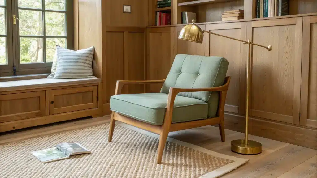Cozy reading nook with a sage armchair on a jute rug, brass floor lamp, and warm oak wood tones.