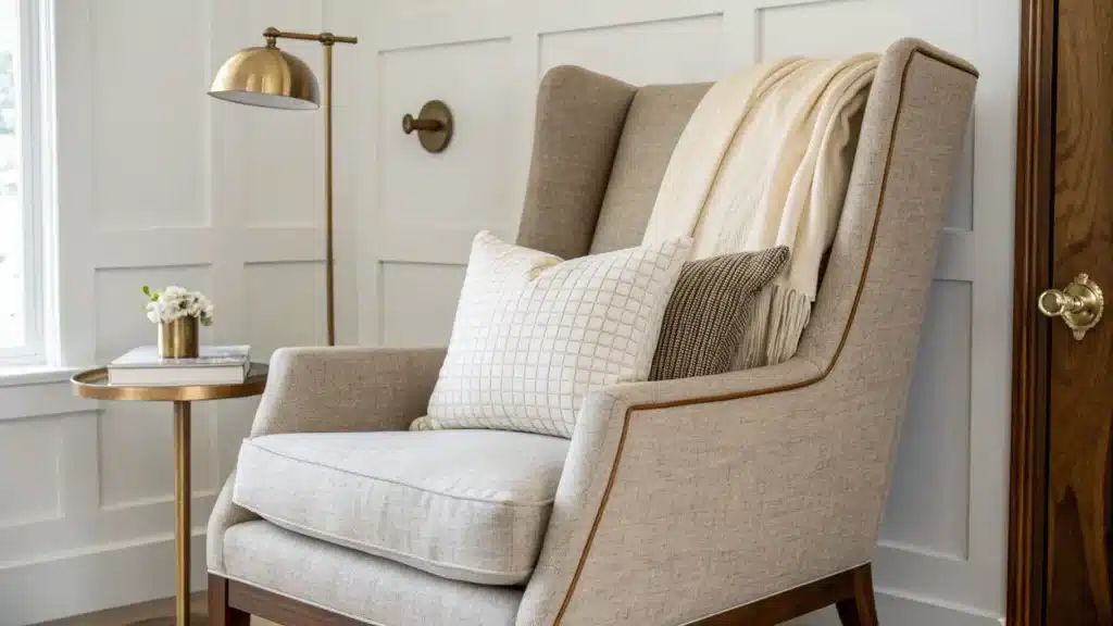 Cozy reading nook with wingback chair, brass sconce, and linen-and-walnut details on a clean background.