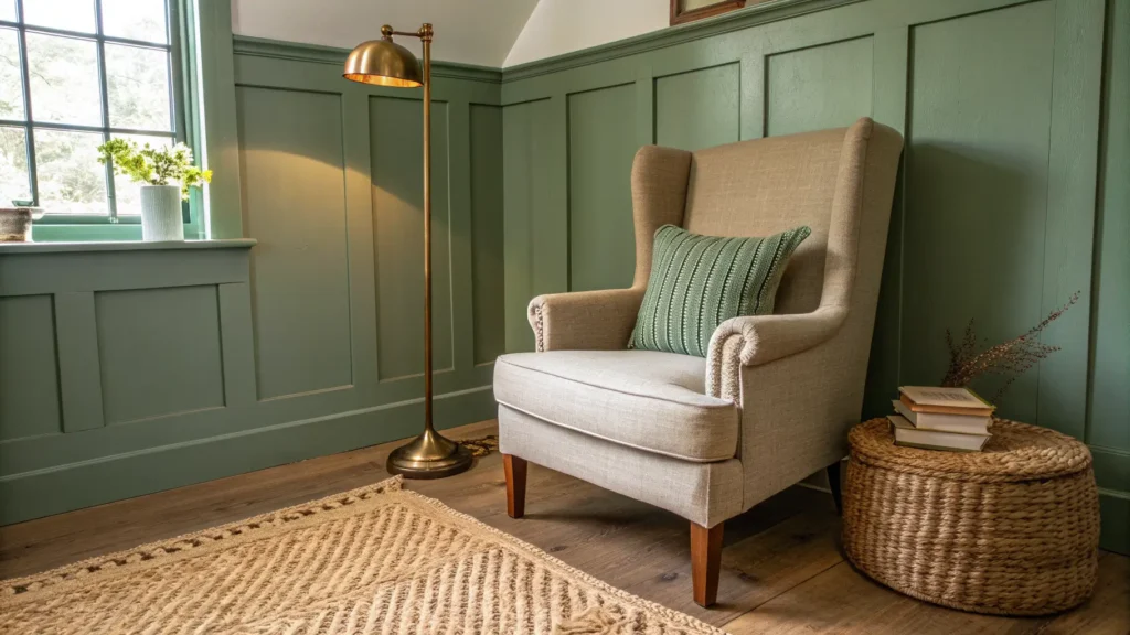 Cozy sunlit reading nook with a wingback chair, brass lamp, jute rug, and sage green wall.