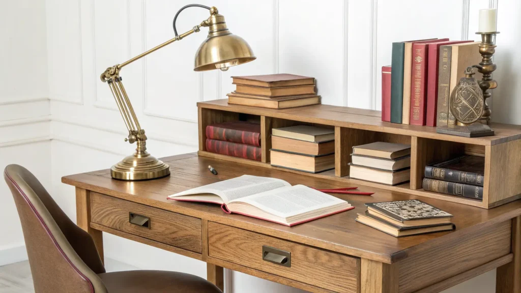 Cozy sage-green study nook with an oak desk, brass lamp, and stacked books on a clean background