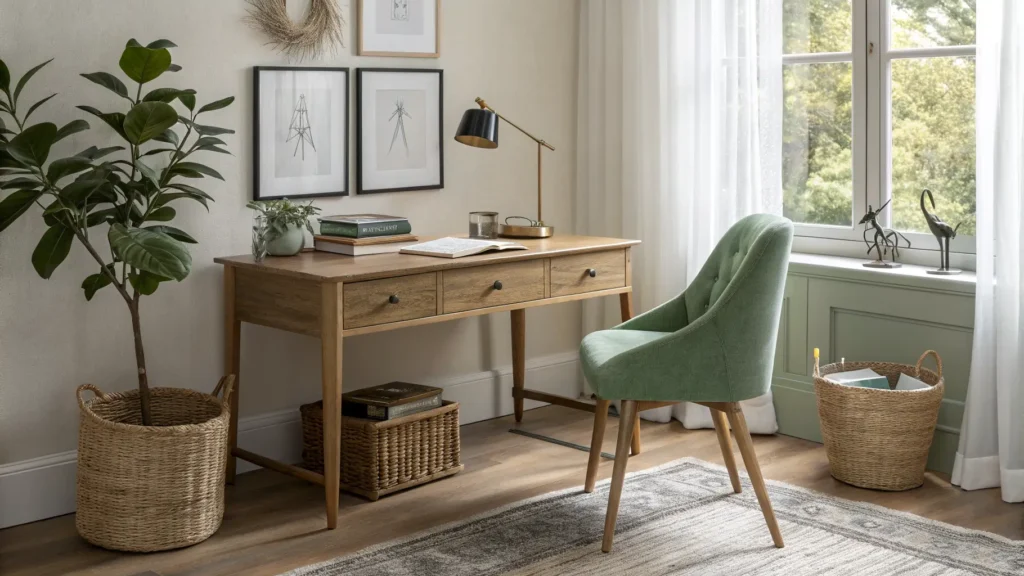Warm Scandinavian study nook with oak desk by a window, brass lamp, sage bouclé chair, books, pothos plant, and light wood shelving.