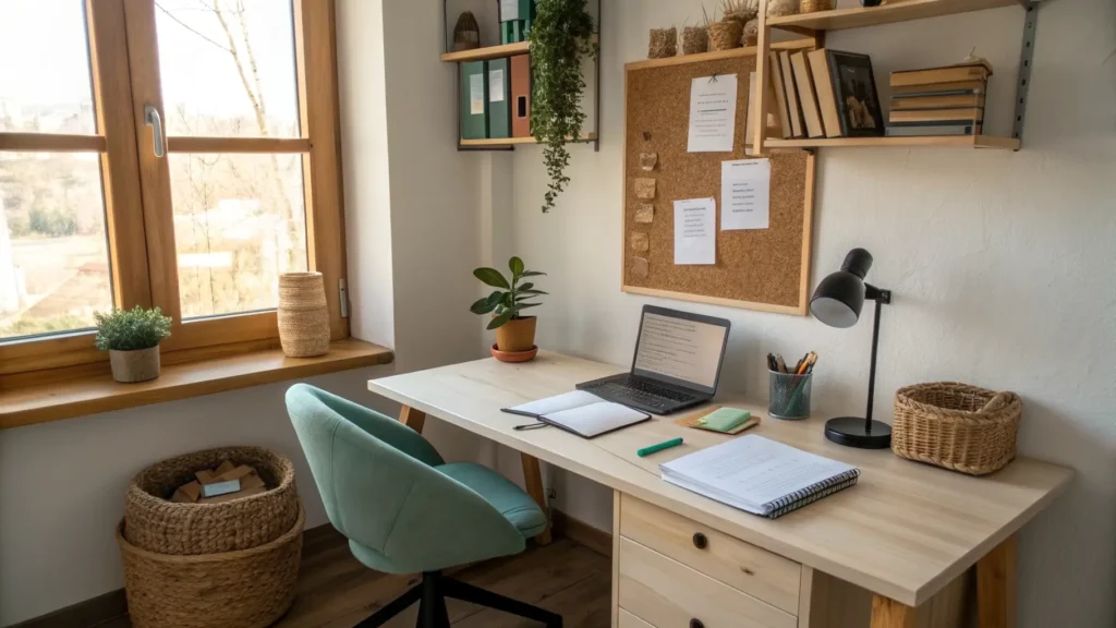 Warm minimalist student study corner with light wood desk, notebook, laptop, pothos plant, corkboard, shelves, and cozy golden-hour lighting.
