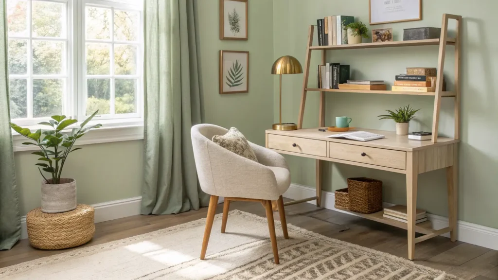 Cozy study nook with birch desk, boucle chair, sage walls, shelves with books and pothos, jute rug, brass lamp, and morning light filtering through linen curtains.