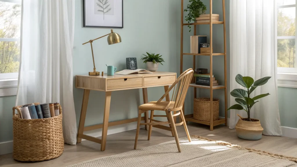 Cozy Scandinavian study nook with oak desk, brass lamp, books, pothos plant, and soft afternoon light against a blue wall.