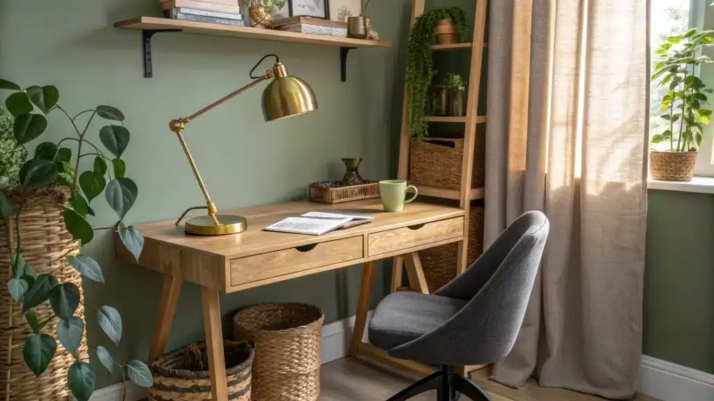 Cozy study nook with oak floating desk, charcoal ergonomic chair, brass task lamp, open notebook and steaming mug, pothos plant, woven baskets, and linen curtain in warm light against sage-green wall.