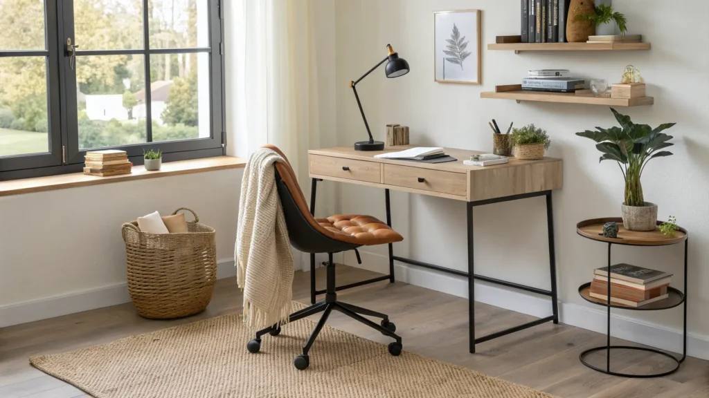 Minimalist study nook with oak desk by a sunlit window, terracotta upholstered chair, brass lamp, jute rug, and floating shelves with books and decor.