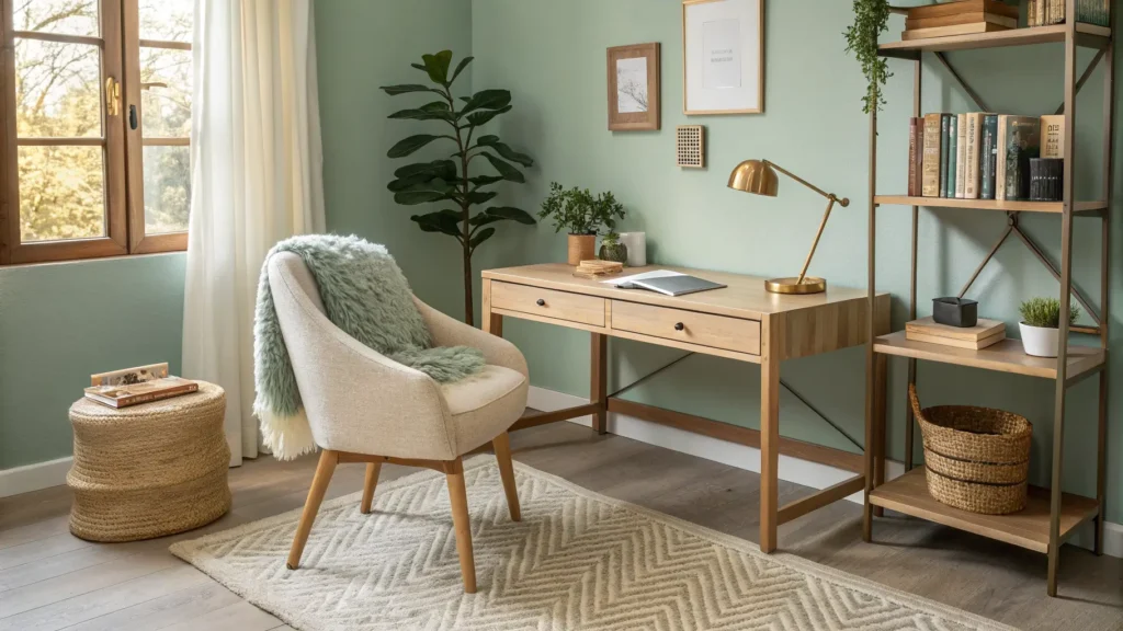 Cozy warmly lit study nook with light oak floating desk, bouclé chair with knit throw, brass lamp, potted pothos, open notebook, rug, and floating shelves on cream walls.