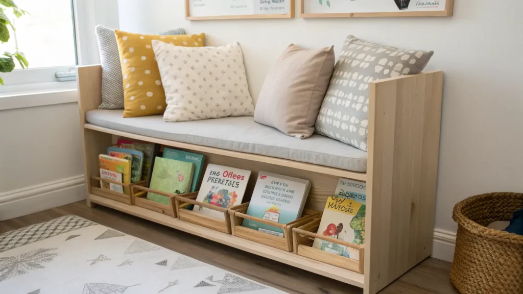 Cozy toddler reading nook with a birch shelf, board books, and soft cushions on a clean background
