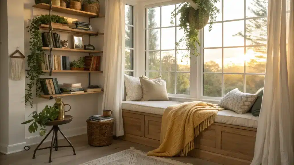 Cozy window-bay reading nook with oak bench, bouclé cushion, mustard pillows, sage throw, warm shelves, swing-arm sconce, and side table with steaming mug in golden light.