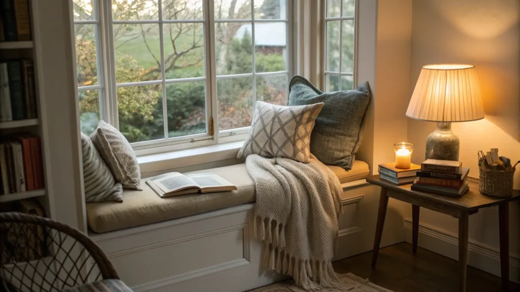 Cozy window reading nook with linen cushions, pillows, a throw blanket, and warm lamplight.