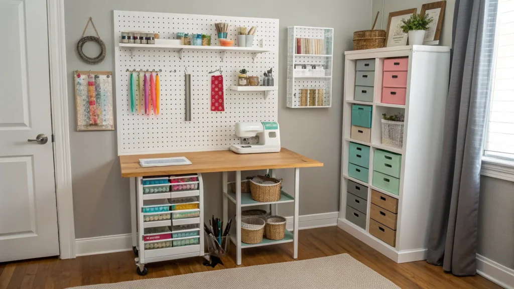 Cozy sunlit craft nook with white pegboard tools, pale-wood desk and sewing machine, rolling cart of markers and bins, shelves of jars and ribbons, and a corkboard of fabric swatches.