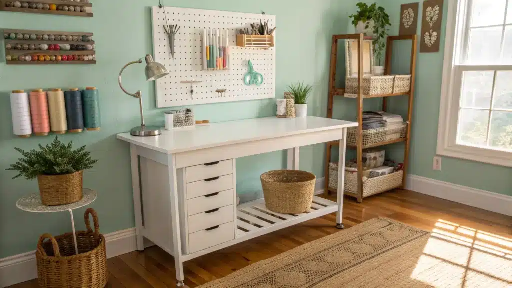 Sunlit craft room corner with a white desk and aqua accent wall, pegboard tools, labeled jars of buttons and ribbons, rolling cart with fabric rolls, jute rug, and a potted plant.