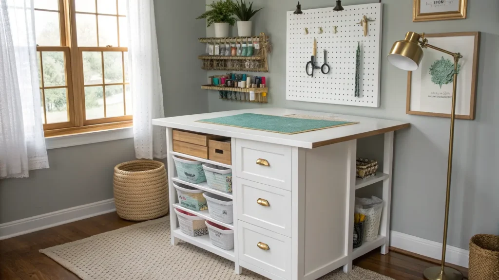 Cozy sunlit craft room corner with white cutting island, pegboard tools and ribbon, labeled acrylic bins, brass desk lamp, potted plant, and jute rug in muted white, gray, and teal.