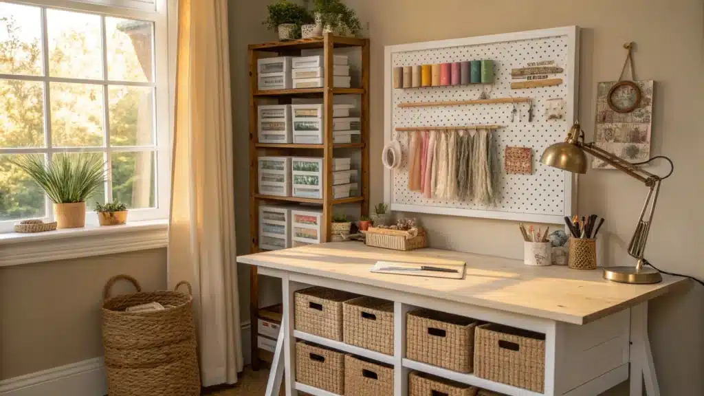 Sunlit craft room with whitewashed worktable by a window, pegboard of tools, fabric bins and baskets on shelves, brass lamp, pothos plant, and cork board of swatches.