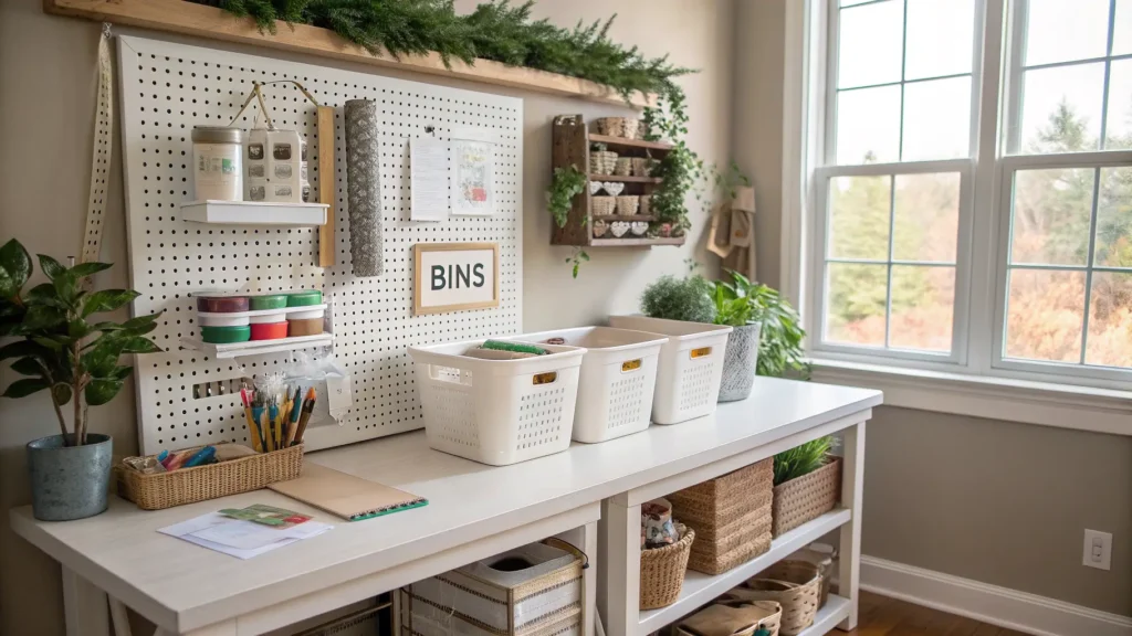Craft room worktable with pegboard, labeled storage bins, sage greenery, and warm natural light.