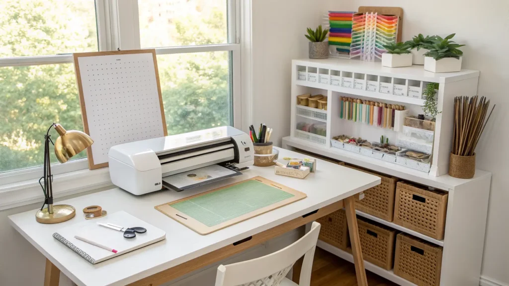 Cricut Maker on white craft desk with brass tools, pegboard storage, bamboo-lid bins, vinyl trays, and warm golden-hour light.