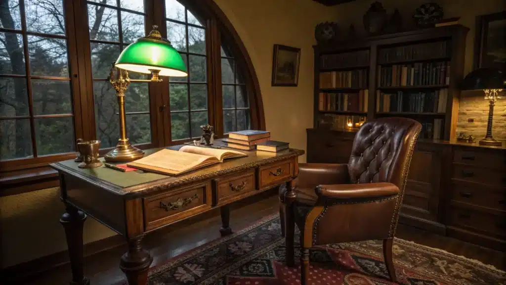 Dark academia study nook at dusk with a walnut desk, glowing green-shaded brass lamp, stacks of worn books, leather journal and pen, and shadowy floor-to-ceiling bookshelves.