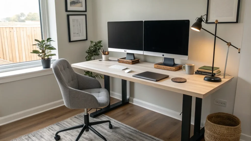 Photorealistic warm-lit home office with a white oak desk, dual monitors on a matte black arm, ergonomic charcoal chair, tidy cable management, and a pothos plant.