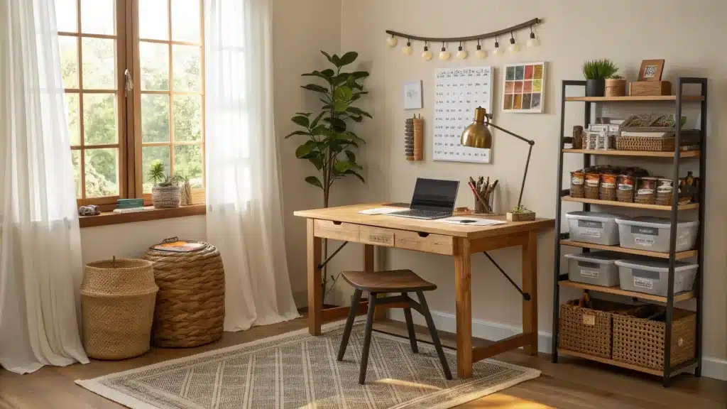 Warm sunlit dual-purpose office and craft room with desk by window, craft table under pegboard, jute rug divider, open shelving, bins, baskets, and a snake plant.