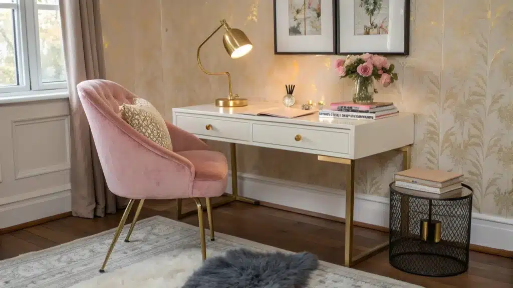 Feminine home office with creamy desk, dusty rose velvet chair, brass lamp glow, ranunculus vase, neutral books, blush rug, and botanical wallpaper accents.