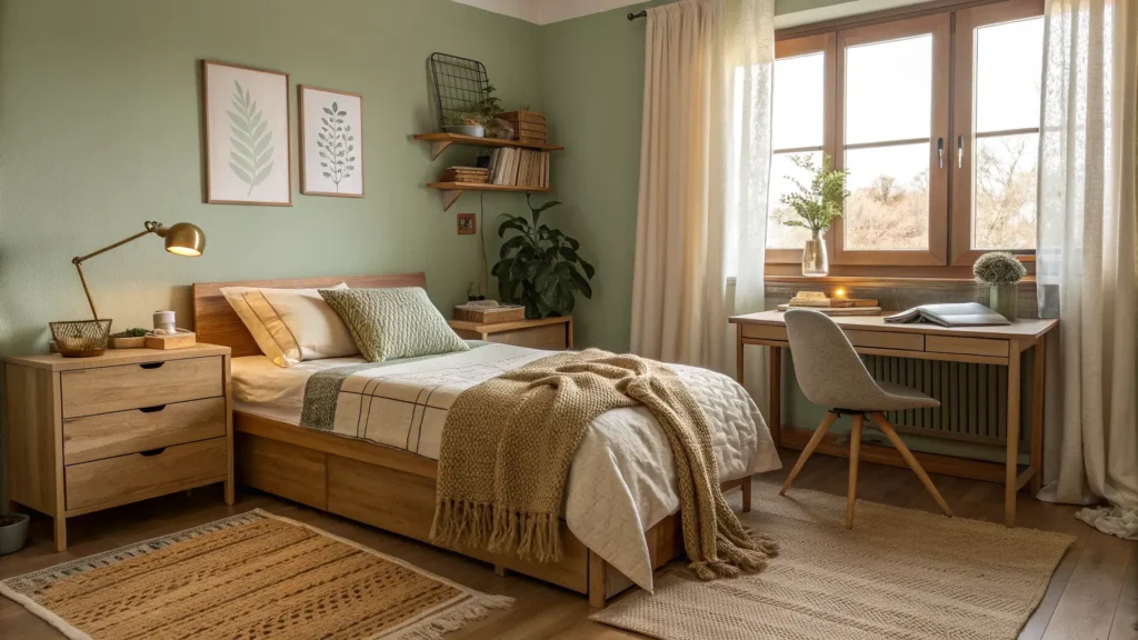 Golden-hour light in a cozy bedroom-study with platform bed, floating oak desk under sheer-curtained window, brass lamp, pothos plant, and jute rug dividing the space.