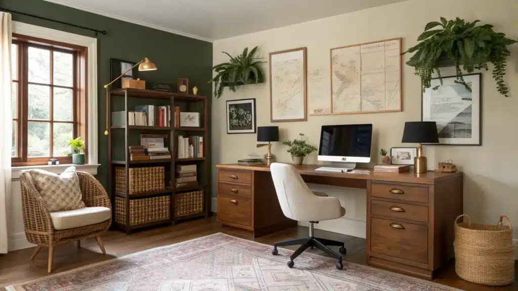 Photorealistic his-and-hers home office with back-to-back walnut desks, boucle and mesh chairs, green accent wall, shelving divider, plants, and warm golden-hour light.