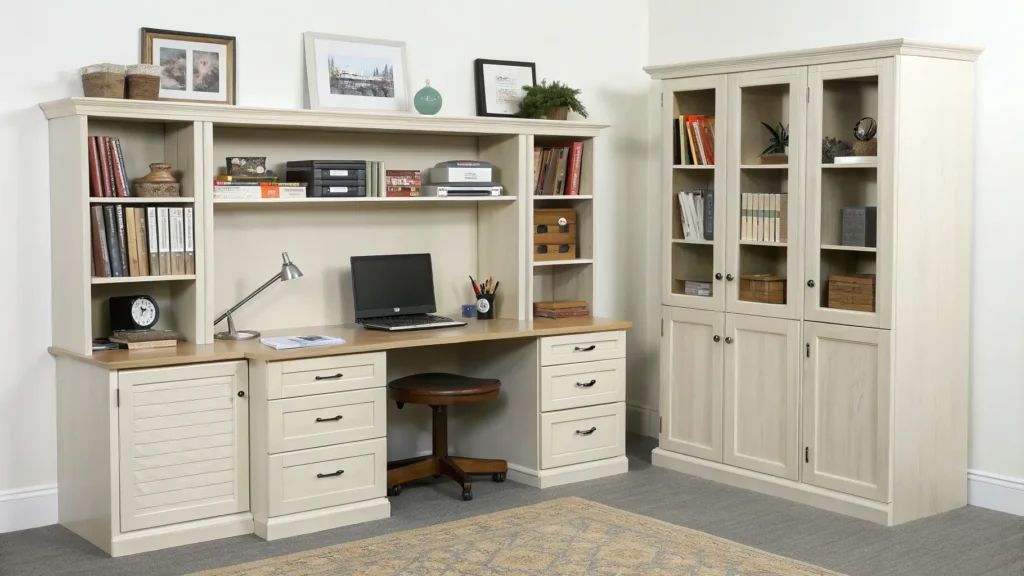 Functional home office storage wall with desk, cabinet, and open shelving on a clean background