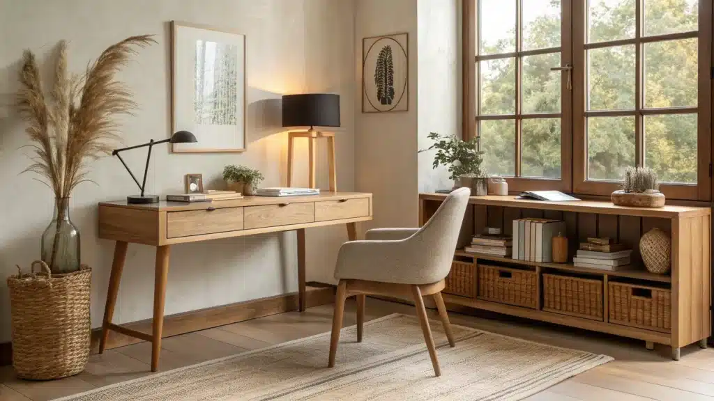 Warm minimalist Japandi study with oak L-shaped desk by a window, linen chair, walnut credenza, pampas vase, black task lamp, floating shelf, snake plant, and jute rug in golden-hour light.