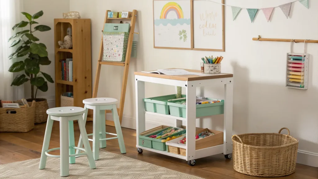 Sunlit kids craft corner with birch table and stools, rolling art cart with labeled bins, open bookshelf of colorful paper, easel painting, and a twine line displaying kids’ artwork.