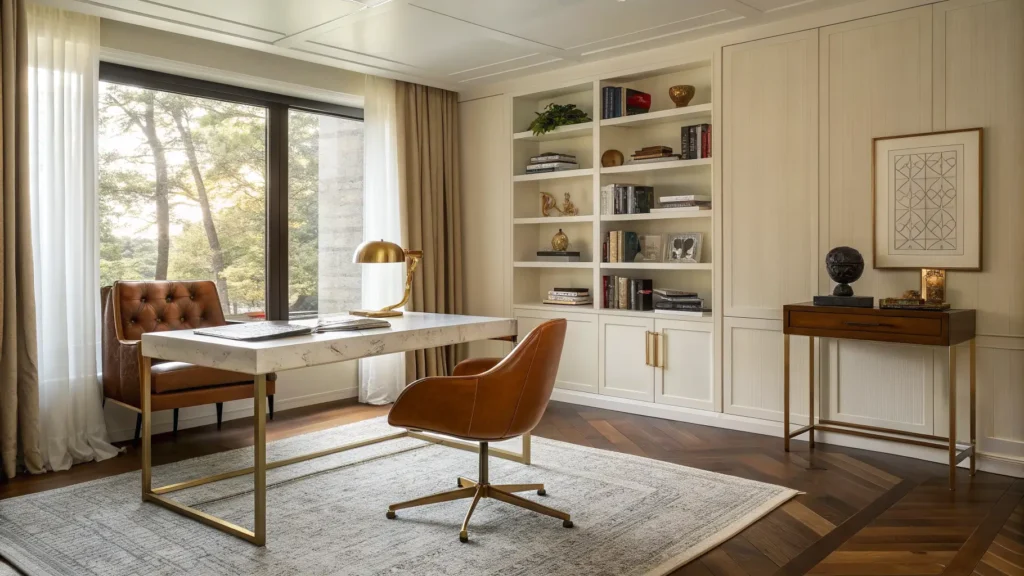 Luxury study room with marble-look quartz desk on brass frame, cognac leather chair, walnut accent wall, ivory built-in shelves, and warm late-afternoon light.
